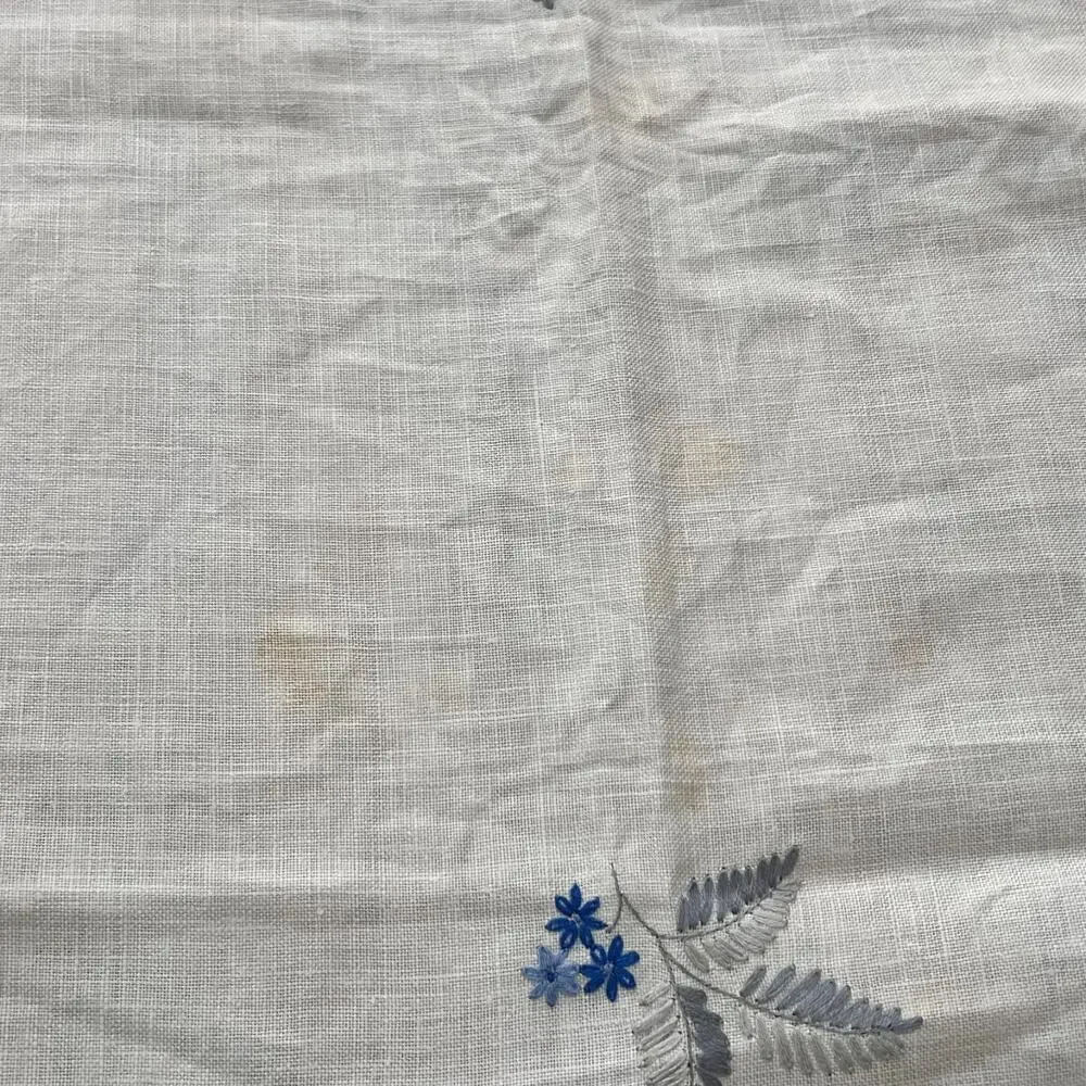 Antique Linen Tablecloth Blue & White Florals Hand Embroidered 64.5 x 47